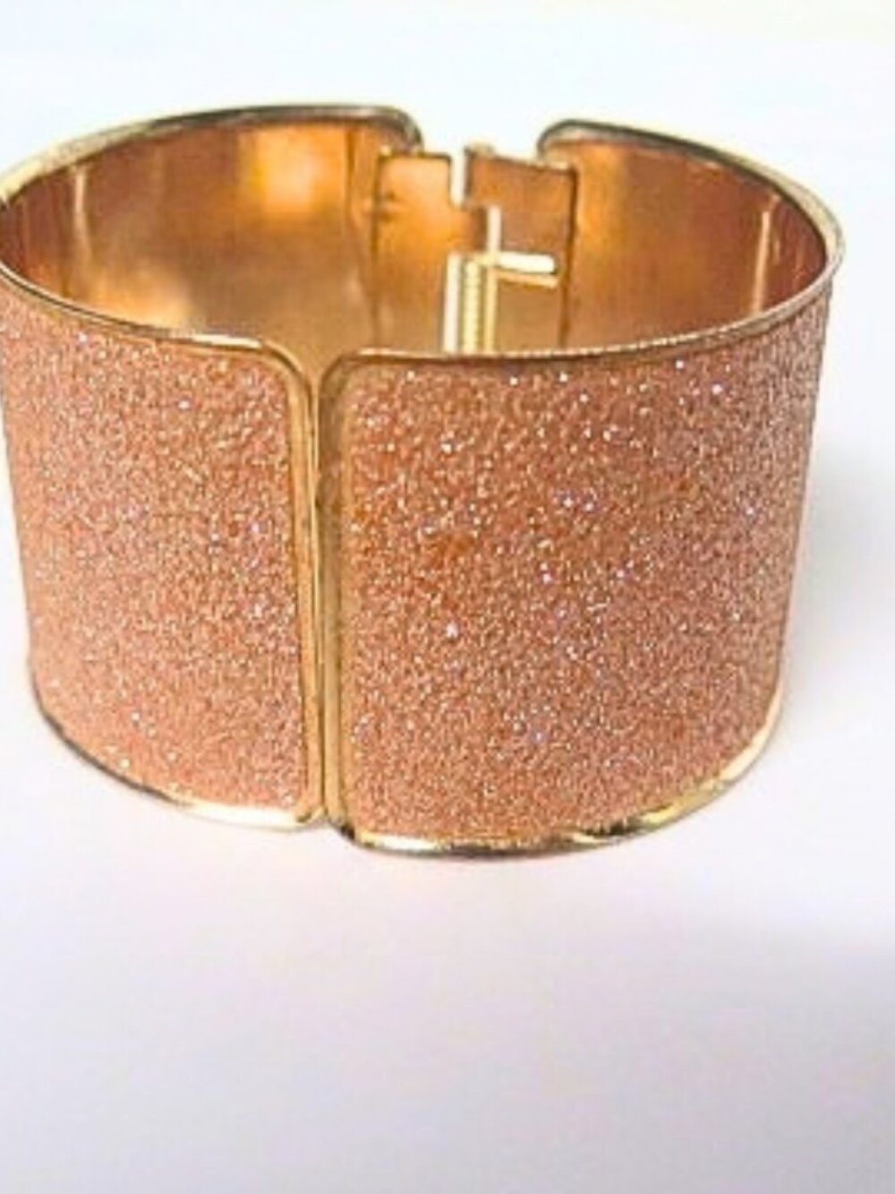 Wide Copper Color Glitter Gold Tone Hinged Cuff Statement Bracelet